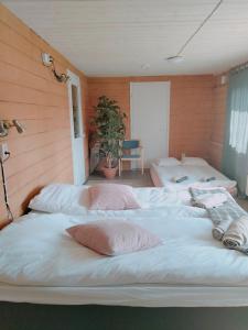 AlatemmesB&B Villa Helmi的木墙客房内的一组床铺