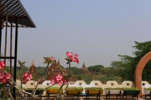 蒲甘Myanmar Nan Hteik Temple View Hotel的享有寺庙的景观,前方是粉红色的花朵