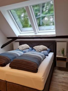 巴德茨维什安Ahrenshof 8的窗户下床带两个枕头