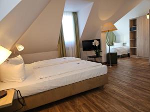 纽伦堡阿尔法酒店的酒店客房,配有床和电视