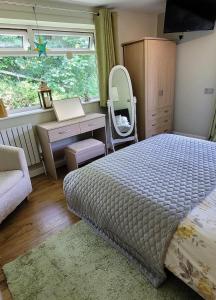 比沃辛Kingsley Cottage B & B的一间卧室配有一张床、一张书桌和一面镜子