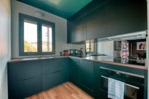 里昂GuestReady - Apt près du Parc de la Tête d'Or的厨房配有深蓝色橱柜和窗户