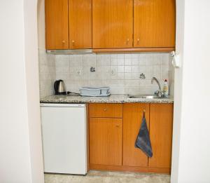 卡马利Villa Nikos Karamolegkos Kamari的一个带木制橱柜和水槽的厨房