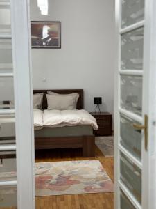 蒂米什瓦拉Apartament Victoria的一间卧室配有一张带镜子的床和窗户