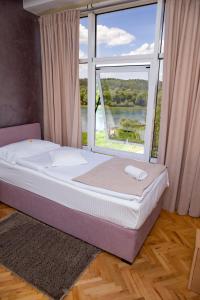 Bosanski NoviMotel New Sanatron的一张位于带大窗户的房间内的床铺