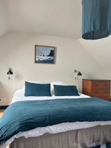 朗波普卢阿尔泽La vigie d'Héloïse, appartement de l'Aod的一间卧室配有一张带蓝色枕头的大床