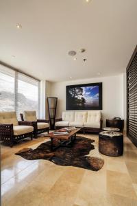 约帕尔约帕埃斯特拉酒店的客厅配有沙发和墙上的电视