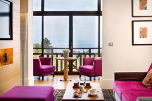 埃维昂莱班厄尔米塔奇酒店的一间带紫色家具的客厅和一个阳台