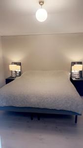 波什格伦Sentralt i rolig bygård, med heis, egen, veranda & 85" Smart TV的一间卧室配有一张带两盏灯的床。