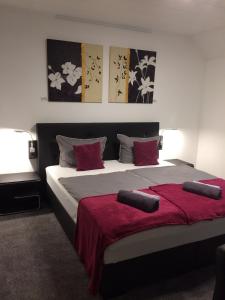 杜塞尔多夫格里旅馆的一间卧室配有一张带红色床单的大床