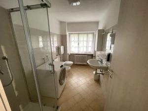 斯特雷萨Villa Vittoria的带淋浴、盥洗盆和卫生间的浴室