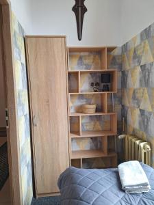 扎维尔切Za zieloną bramą的一间卧室设有一张床和一个书架