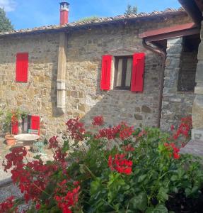 Badia A PassignanoIl Fiorino di Badia的一座石头房子,有红色的窗户和红色的鲜花