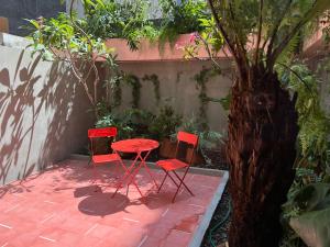 墨西哥城Xolo stays的两把红色椅子和一棵树旁边的桌子
