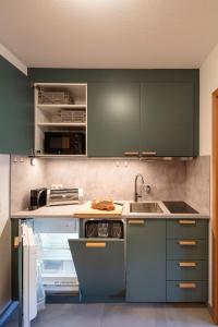 基姆高地区阿绍gemütliche FeWo mit großer Relax-Badewanne Ap 303的厨房配有绿色橱柜和水槽