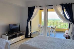 乌马考Portobello Palmanova, Palmas del Mar, Humacao, PR的一间卧室配有一张床、一台电视和一张带椅子的桌子。