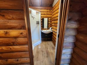 弗朗兹约瑟夫热带雨林度假酒店的浴室设有木墙、水槽和镜子