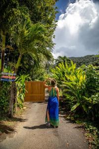 NaguaboEl Yunque Glamping River View at Casa Parcha的站在马路上,望着栅栏的女人