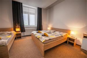 乌赫尔布罗德Hotel & SPA centrum PALMIRA的配有两盏灯和一扇窗户的客房内的两张床