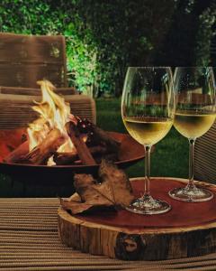 阿瓜斯迪林多亚Villa Boréal Hostellerie的两杯白葡萄酒,放在桌子上,放火