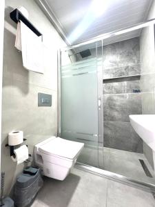 ErdemliAngel Beach Hotel Kızkalesi Mersin的带淋浴、卫生间和盥洗盆的浴室