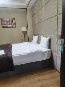 巴库Sherlock Gold Baku Hotel的卧室配有一张带白色床单和枕头的大床。