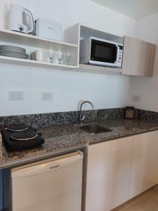 贝伦埃斯科巴La Morada Rentals Apartments的厨房柜台设有水槽和微波炉
