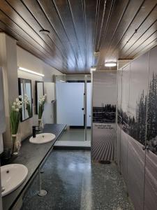 于韦斯屈莱户外拉伊斯旅馆的一间带两个水槽和大玻璃门的浴室