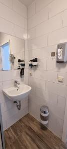伊策霍City Centre Unterkunft的白色的浴室设有水槽和垃圾桶