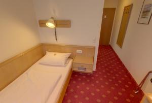 弗里德贝格弗里德伯格加尼斯坦德酒店的小房间设有两张床和红地毯