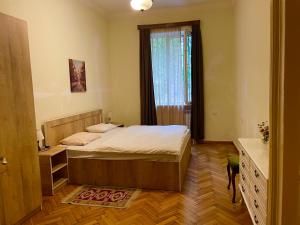 第比利斯vake的一间卧室设有一张大床和一个窗户。