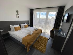 乔保克HOTEL CSOPAK Resort & Lake的酒店客房设有一张床和一个大窗户