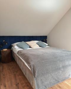 乌斯特龙Domek Pierwiosnek Ustroń的一间卧室配有一张带蓝色墙壁的大床