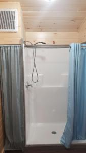 Bass HarborLighthouse Cabins Maine的带淋浴和浴帘的浴室