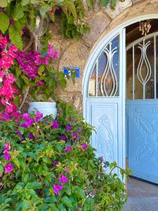 阿拉恰特多特麦维斯姆阿拉卡提酒店的一座带蓝色门和紫色花朵的建筑