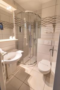 阿普瓦尼基里亚德奥克斯尔阿伯尼酒店的带淋浴、卫生间和盥洗盆的浴室