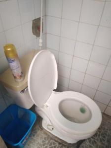 苏克雷Alojamiento constitucional的浴室里设有白色的厕所,浴室里设有蓝色的垃圾桶