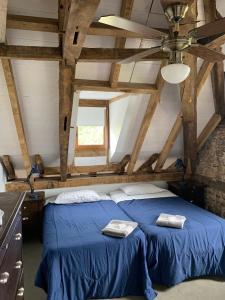 莫南Domaine de Berducq的一间卧室配有蓝色的床和2条毛巾