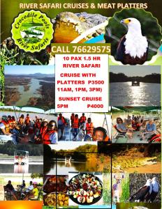 哈博罗内Crocodile Pools Resort的河上游猎游轮和肉海盗的传单