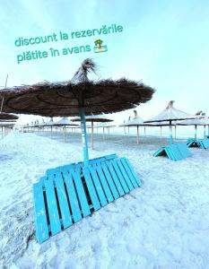 北马马亚-讷沃达里FERNWEH No 5 Boutique Hotel MAMAIA Nord的海滩上带遮阳伞的蓝色沙滩椅
