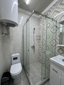 博孔巴耶沃Айкол的一间带卫生间和玻璃淋浴间的浴室