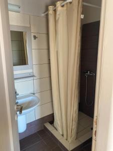 KollimpithraKohili Kolibithra in Tinos的浴室配有淋浴帘和盥洗盆。