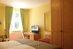 WolthausenLandgasthof Wildwasser的一间卧室配有一张床和一张书桌及电视