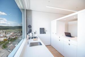 诺伊豪森Löwe Apartment Grau Rooftop am Rheinfall的一间厨房,配有白色的橱柜和大窗户