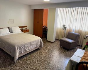 齐克拉约Hotel Plazza的配有一张床和一把椅子的酒店客房