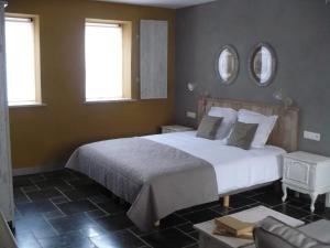 Zoutleeuw卡麦阿姆比尔德住宿加早餐旅馆的一间卧室设有一张大床和两个窗户。