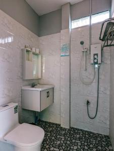 贡布Yellow Star Hostel的带淋浴、卫生间和盥洗盆的浴室