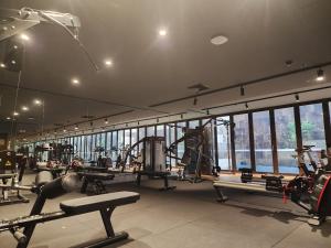 悉尼CBD Parramatta shared apartment, swimming pool and gym,internet的健身房拥有许多设备和窗户