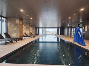 悉尼CBD Parramatta shared apartment, swimming pool and gym,internet的一个带椅子和蓝伞的大型游泳池