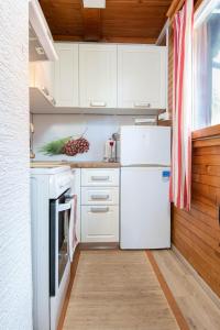 霍茨科波霍尔耶Cabin Storzek的厨房配有白色橱柜和白色冰箱。